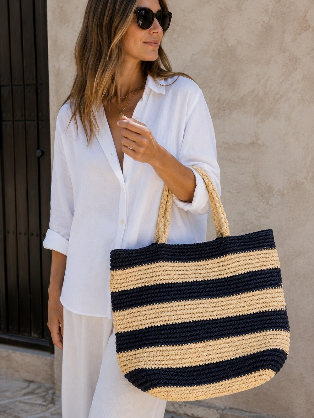 Striped Navy and Natural Straw Tote Bag